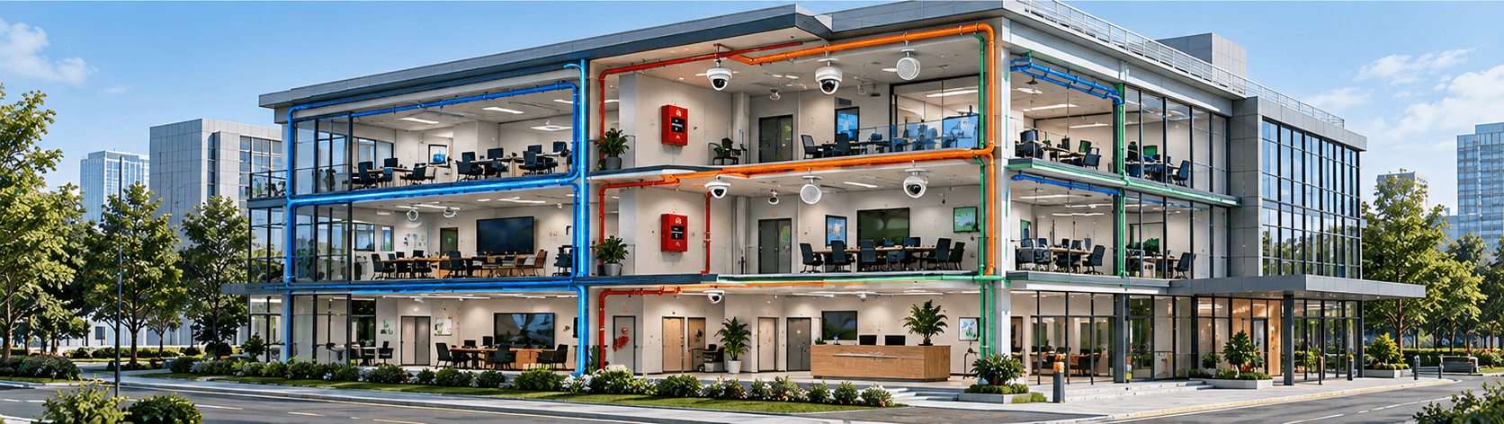 Illustrative integrated ELV systems in a commercial building