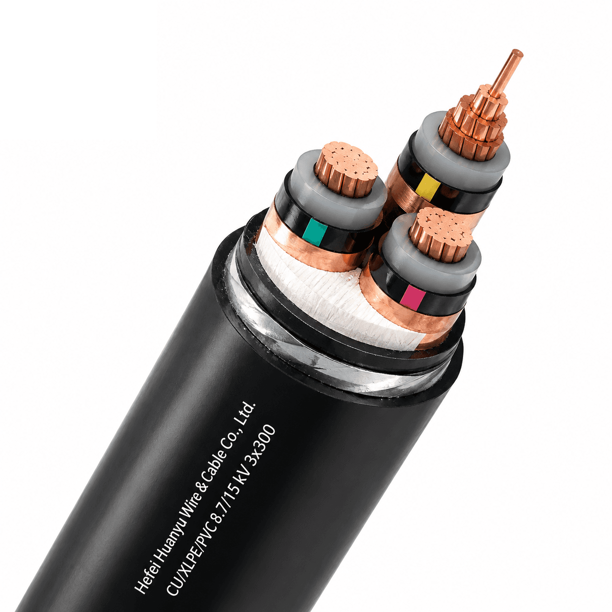 Angled close-up of medium-voltage XLPE power cable