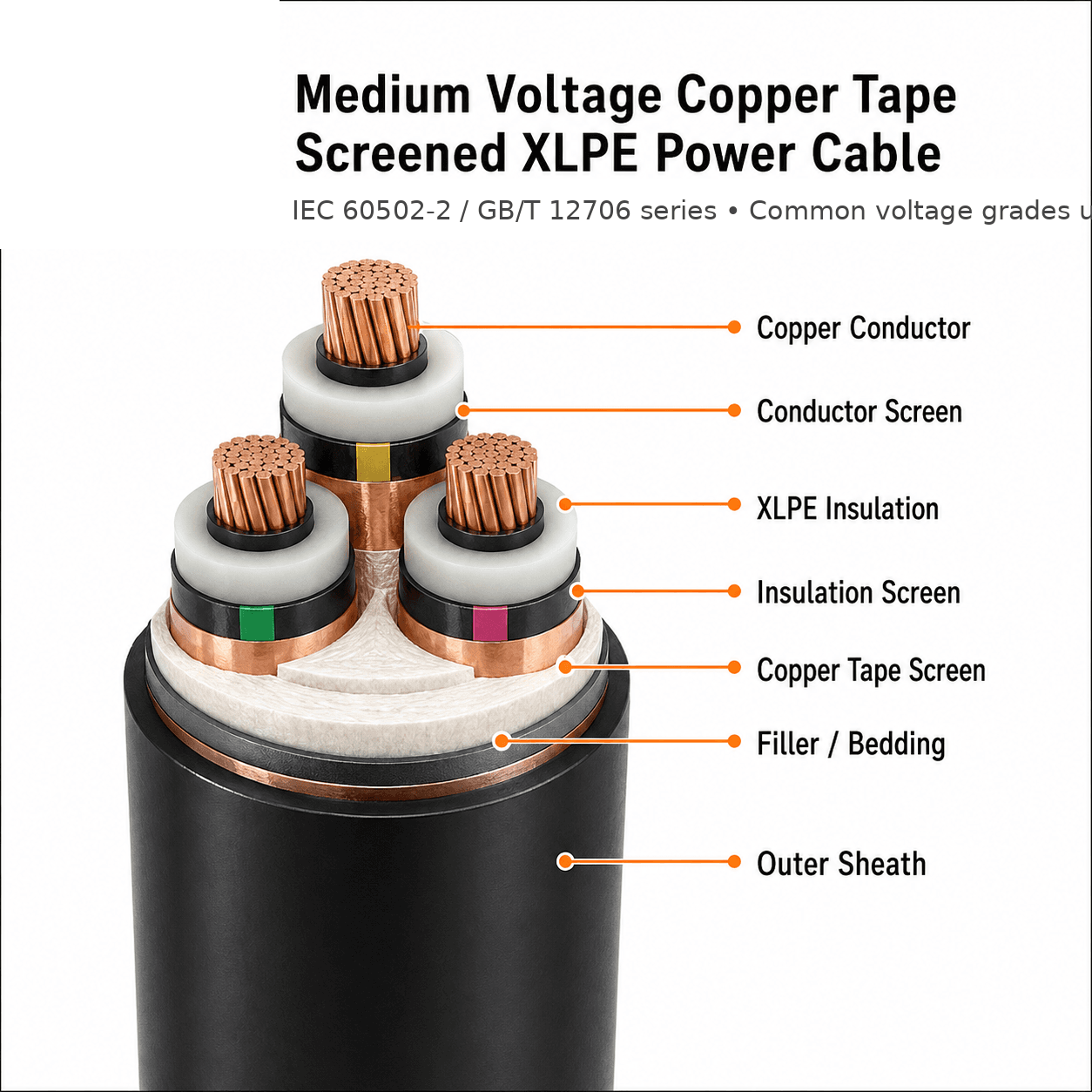 Medium voltage copper tape screened XLPE cable layer structure