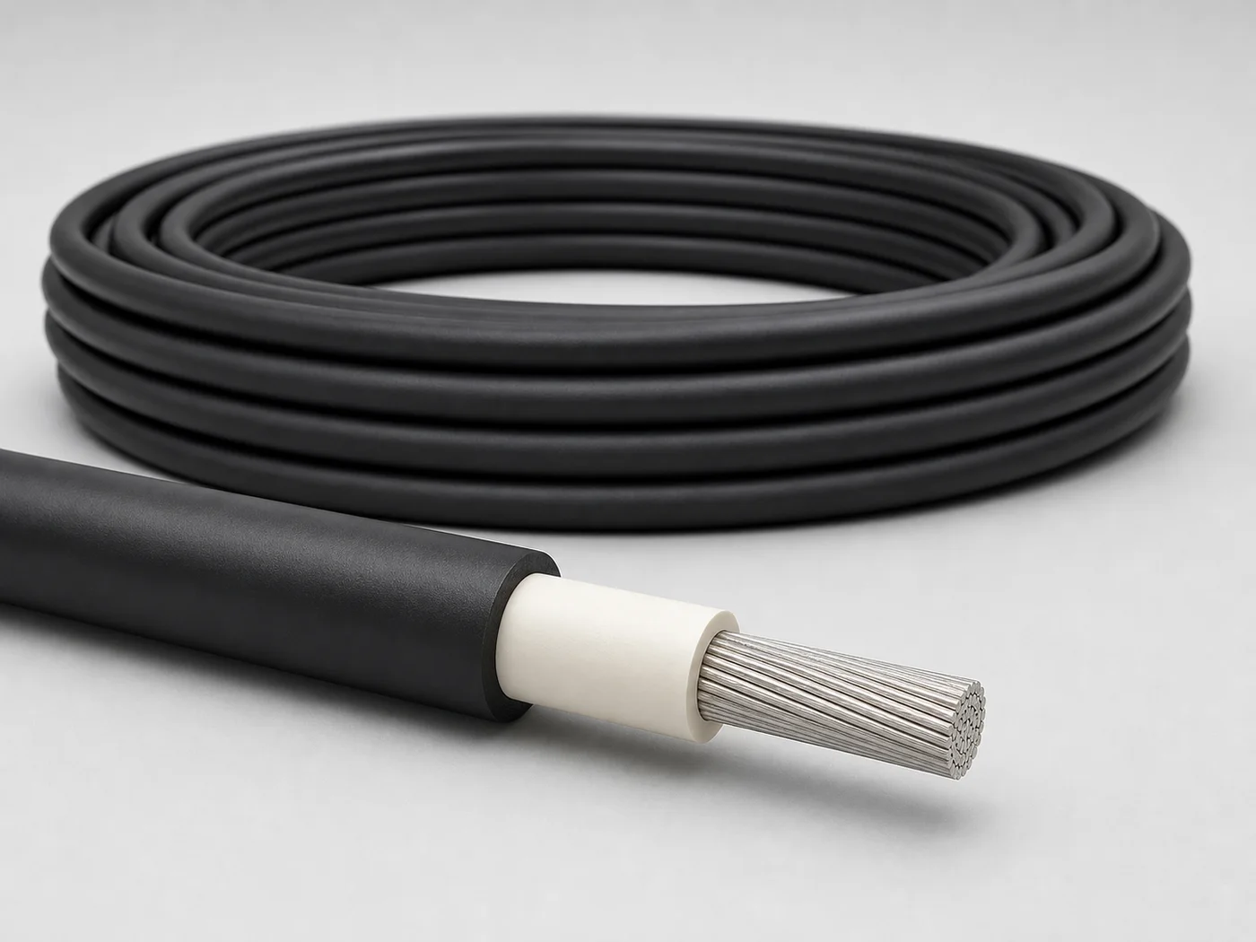 H1Z2Z2-K black solar DC cable with halogen-free insulation and tinned copper conductor