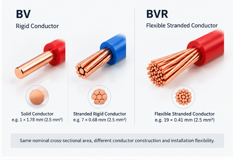 Comparison of BV solid and stranded rigid conductors with BVR flexible stranded conductor