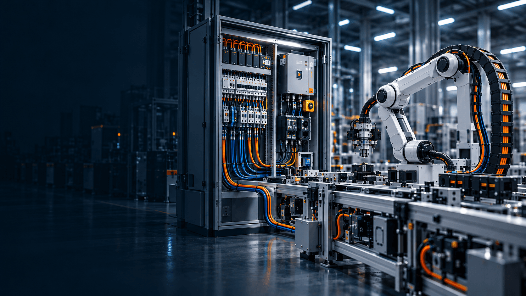 Industrial automation cell with control cabinet and robotic equipment