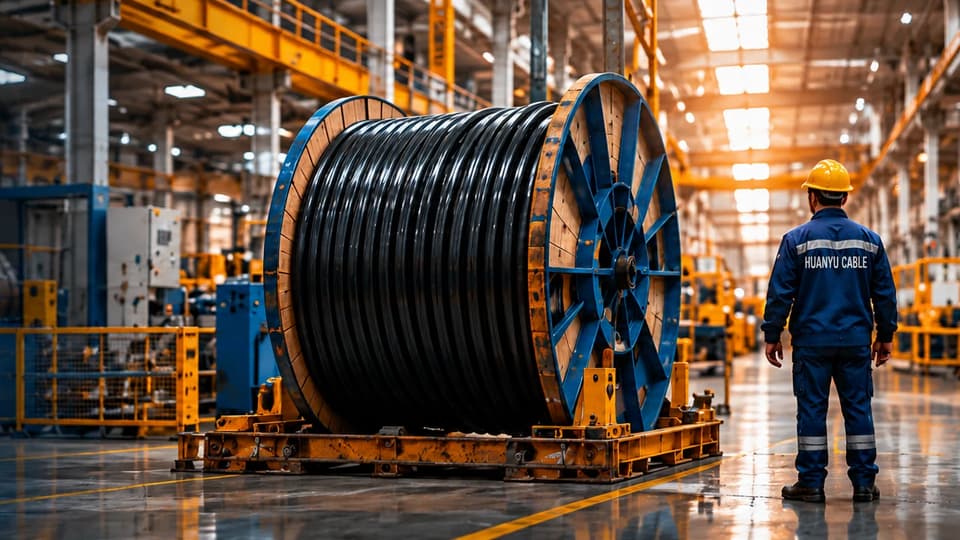 Cable manufacturing scene with a large cable reel and Huanyu Cable worker