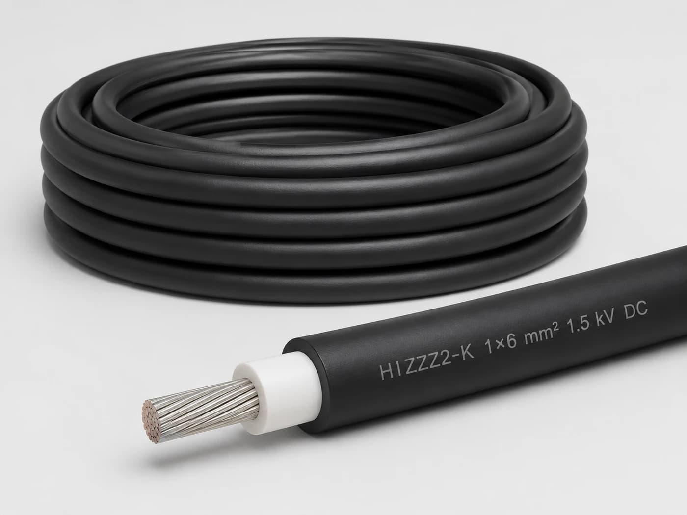 H1Z2Z2-K black solar DC cable with halogen-free insulation and tinned copper conductor