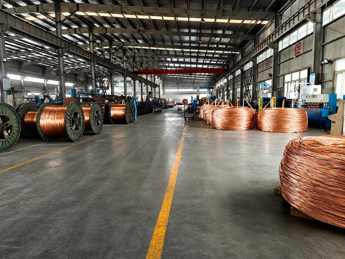 Copper conductors and production equipment inside Huanyu Cable workshop