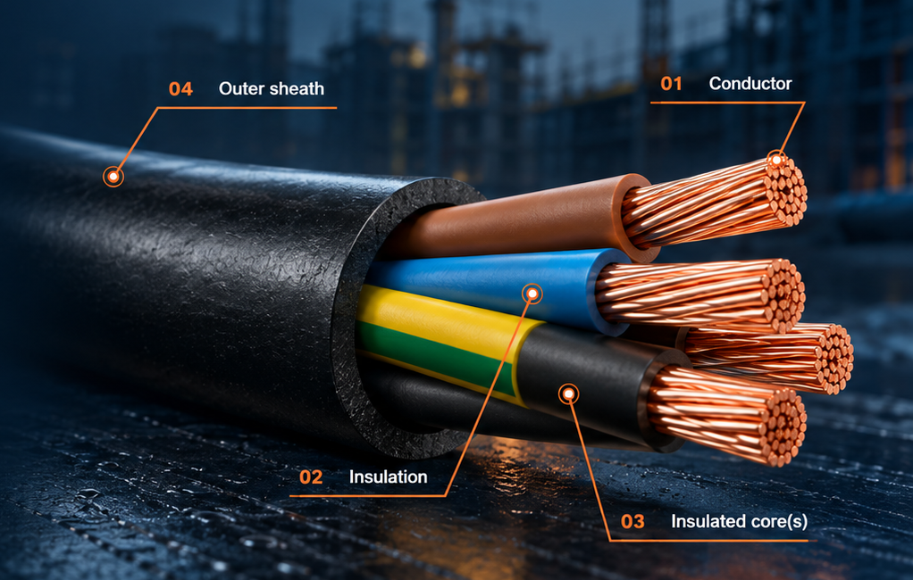 Representative flexible multicore cable construction showing conductor, insulation, insulated cores and outer sheath.