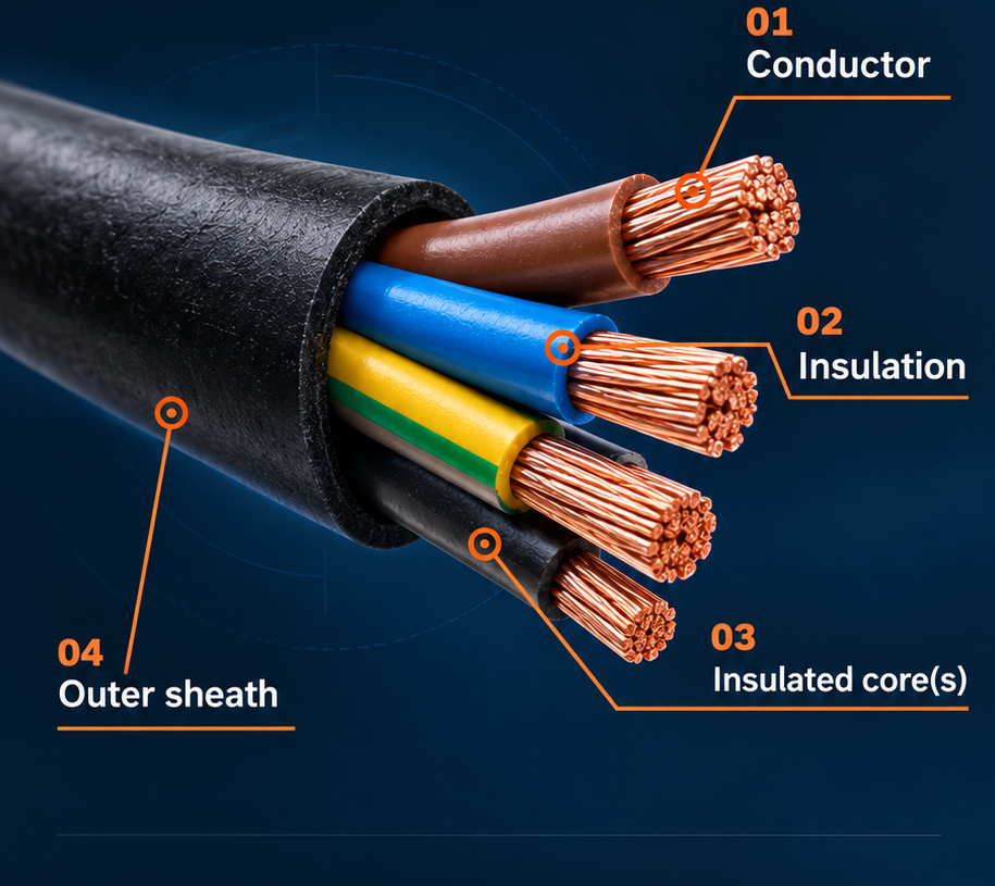 Representative flexible multicore cable construction showing conductor, insulation, insulated cores and outer sheath.